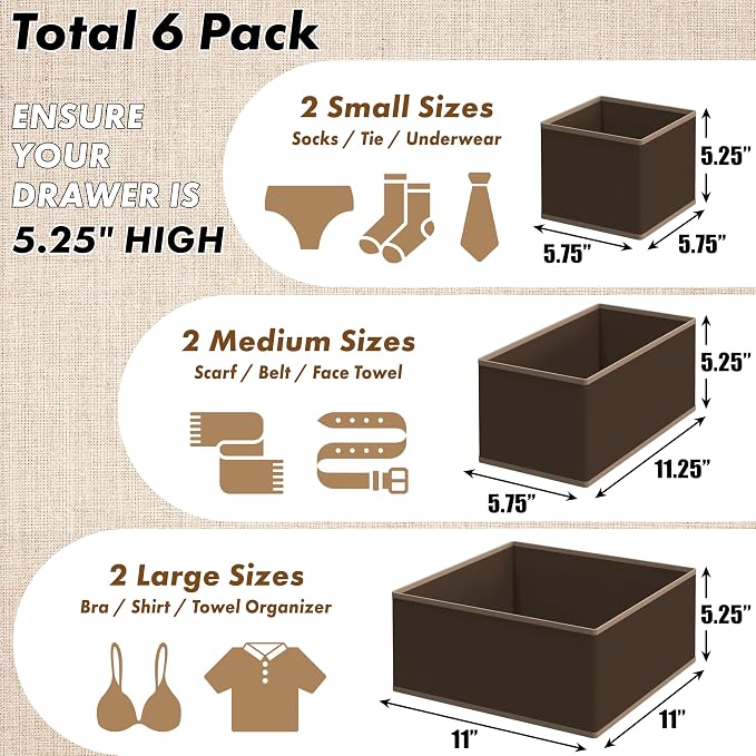 Simple Houseware Underwear Drawer Organizer for Lingerie/Undergarment/Bra/Panty/Sock/Onesie, Set of 6, Brown - Image 2