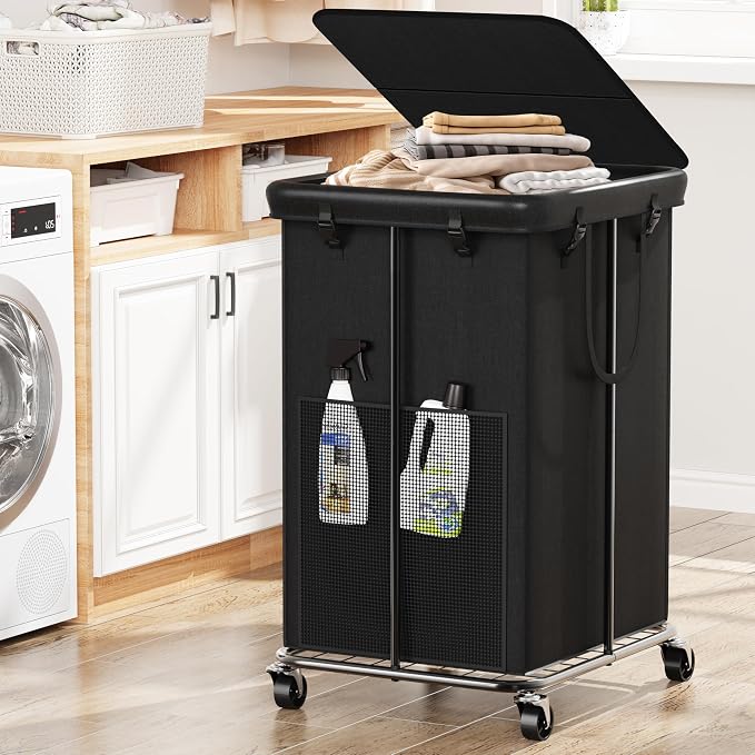 40 Gal Large Laundry Hamper with Lid, Rolling Laundry Basket with Wheels, Oxford Fabric Dirty Clothes Hampers with Removable Laundry Bag & Metal Frame for Bedroom, Laundry Room, Bathroom, Dorm(Black) by Unknown