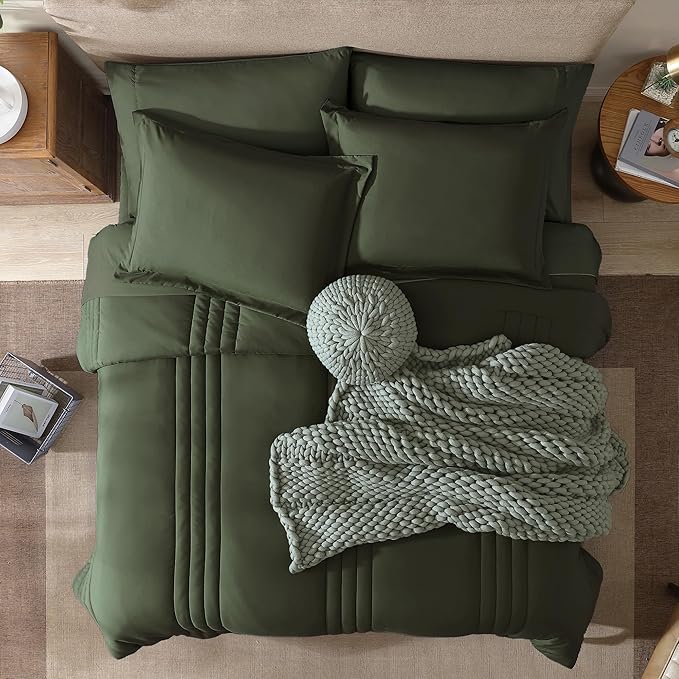 Monbix Oversized Queen Size Comforter Set - 7 Pieces Bed in a Bag, Olive Green Bedding Sets with Comforter, All Seasons Comforter Bed Set with Sheets, Pillowcases & Shams