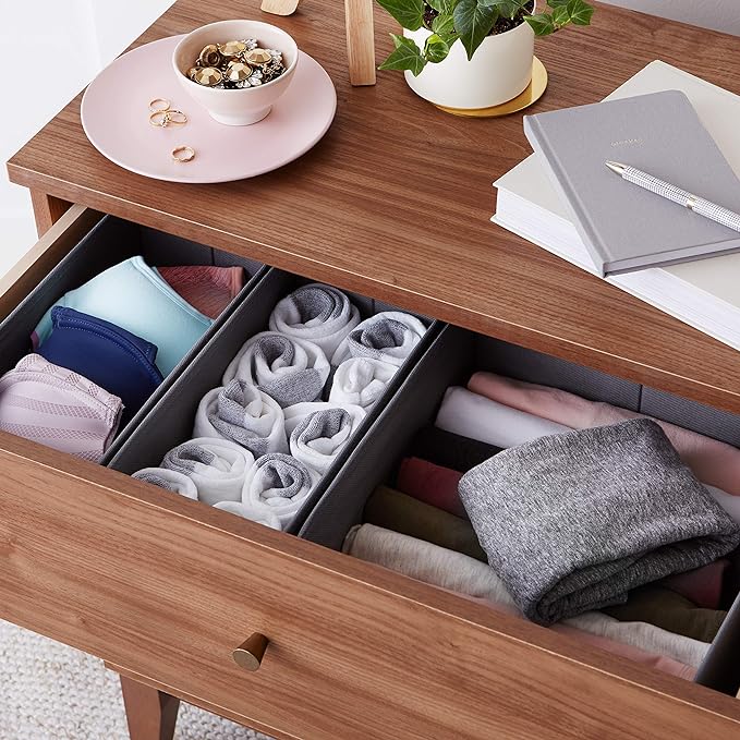 Amazon Basics Collapsible Cloth Drawer Organizer Boxes for Socks, Underwear and Baby Clothes, Storage Bins, Gray, Set of 6 - Image 5
