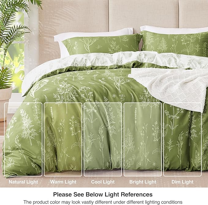Love's cabin Olive Green King Comforter Set - King Size Comforter Set, 3 Pieces Cute Floral Bedding Sets for All Seasons,1 Soft Reversible Botanical Flowers Comforter and 2 Pillow Shams