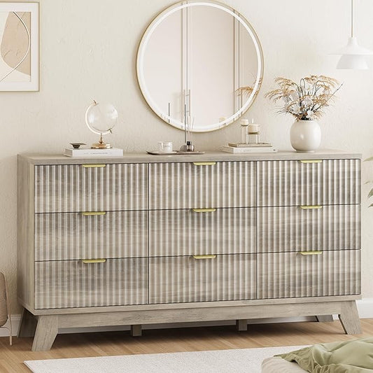 Xixini Fluted Dresser for Bedroom with 9 Drawers, 57" Wide Modern Chest of Drawers with Metal Handle, Wooden Dresser TV Stand, Wood Closet Clothes Storage Organizer for Living Room, Hallway, Grey