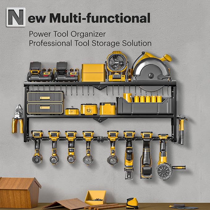Spampur Power Tool Organizer Wall Mount, 15 Min Assembly & Maximum 100lb load by Heavy Duty Metal, 8 Drill Holder, 3 Layers Garage organization and Storage Rack, Tool Shelf With Battery Holder - Image 3