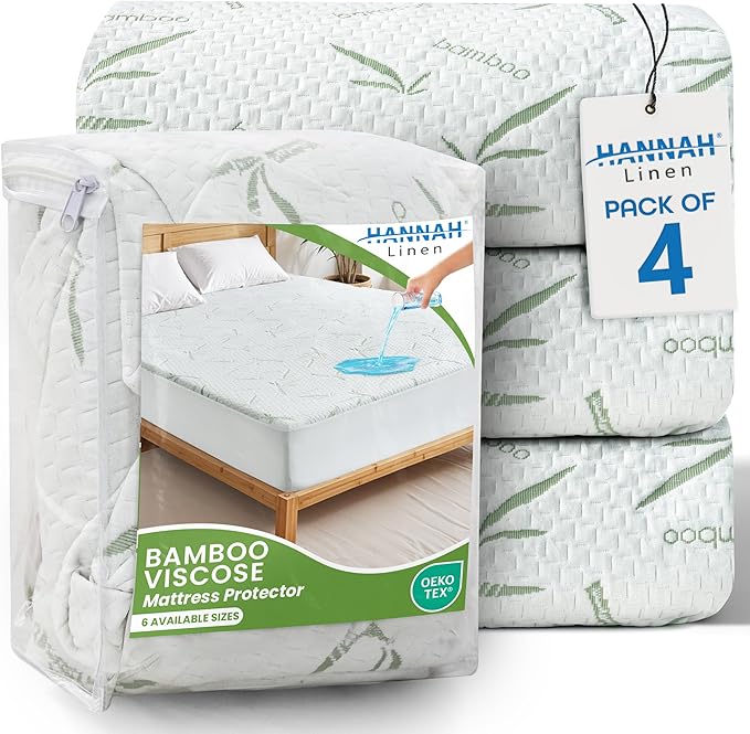 Hannah Linen Viscose derived from Bamboo Cooling Mattress Protector, 100% Waterproof - Soft and Breathable, 280 GSM Fitted Style Mattress Cover, 16 Inches Deep Pocket - Twin, 75x39 - (4 Pack)
