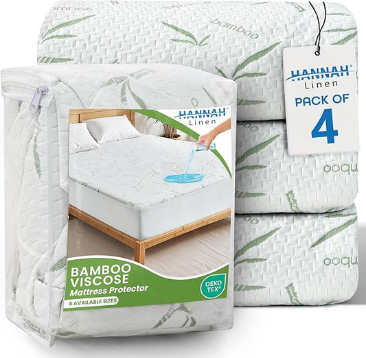 Hannah Linen Viscose derived from Bamboo Cooling Mattress Protector, 100% Waterproof - Soft and Breathable, 280 GSM Fitted Style Mattress Cover, 16 Inches Deep Pocket - Twin, 75x39 - (4 Pack)