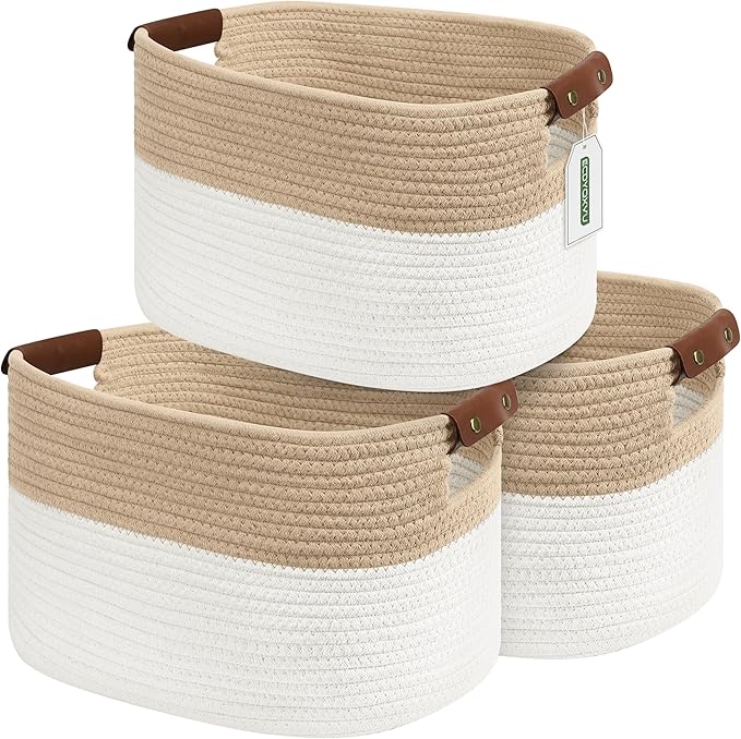 ECDYQXVU Cotton Rope Storage Baskets,15x10x9 in,Foldable Storage Bins, Decorative Woven Basket Cube Storage Organizer for Laundry, Towel, Clothes (White/Beige-3Pack, 15x10x9 inches) by ECDYQXVU
