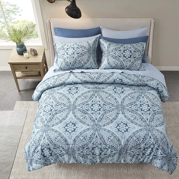 Comfort Spaces Bed in A Bag - Trendy Casual Design Cozy Comforter with Complete Sheet Set with Side Pocket, All Season Cover, Matching Shams, Queen(90"x90"), Gloria, Damask Blue 9 Piece