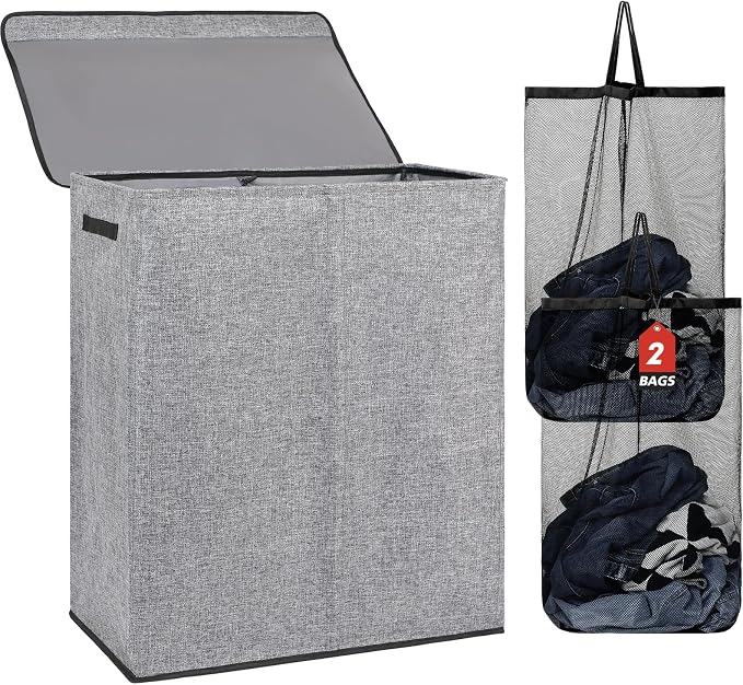 DOKEHOM 150L Double Laundry Basket with Lid and Removable Laundry Bags, Large Collapsible Laundry Hamper with 2 Sections for Bedroom, Bathroom, Laundry Room, Colloge (Grey) by DOKEHOM