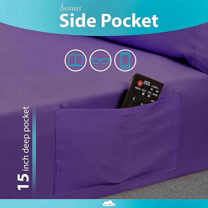 DREAMCARE King Size Sheets Set - 6 pcs Breathable Cooling Bed Sheets - up to 15" Deep Pocket King Sheet Set with Side Pockets - Extra Soft 100% Brushed Hypoallergenic Hotel Luxury Bedding - Purple