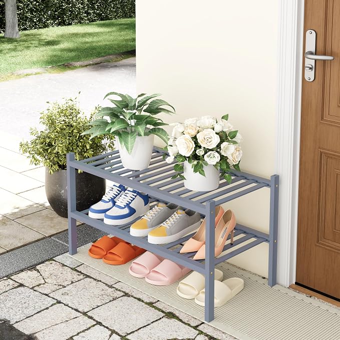 Smiry Shoe Rack, 2 Tier Thick Bamboo Shoe Organizer, Stackable Free Standing Wooden Shoe Storage Shelf for Closet, Entryway, Front Door Entrance, Grey - Image 7