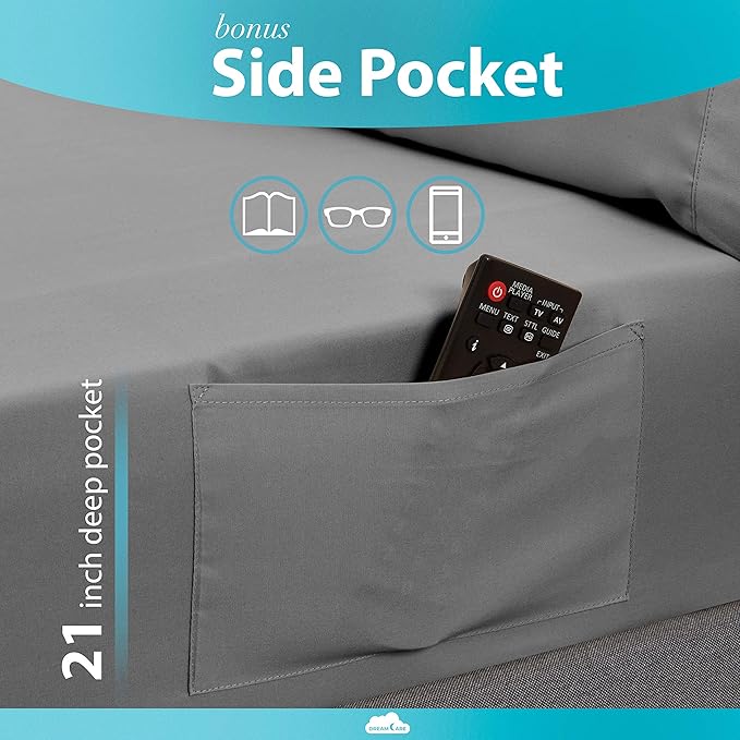 DREAMCARE Twin XL Sheet Sets - 3 pcs Breathable Cooling Bed Sheets - up to 21" Extra Deep Pocket Twin XL Sheets Set with Side Pockets - Extra Soft 100% Brushed Hypoallergenic Hotel Luxury - Gray