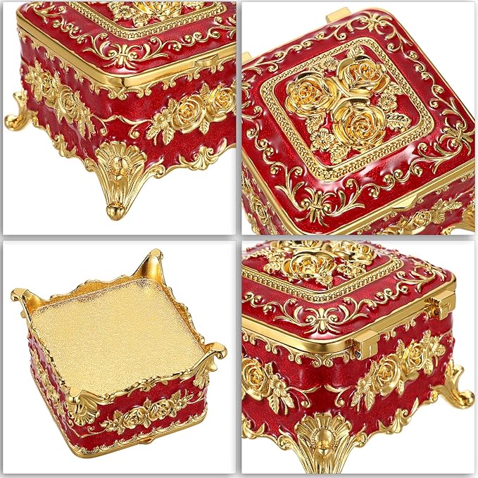 Hipiwe Vintage Metal Jewelry Box - Small Trinket Organizer Ring Box Case with Rose Pattern Jewelry Storage Box for Ring Earrings Necklace, Keepsake Box for Women,Red - Image 7