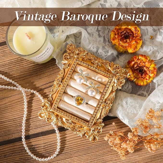 Vintage Ring Holder Rectangle Gold Velvet Display Stand - Baroque Jewelry Organizer Box Tray for Wedding Engagement Anniversary Women Birthday Christmas Gift Photograph Prop (MPF05-Gold White) - Image 3