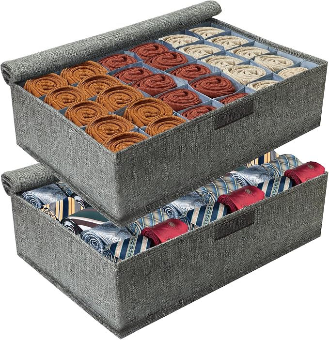 PINGMIC Gray Sock Organizer Divider 2 Pack with Lid - 30 Cell Foldable Closet Storage, Tie Organizer For Men Boxes for Socks, Ties, Belts by PINGMIC