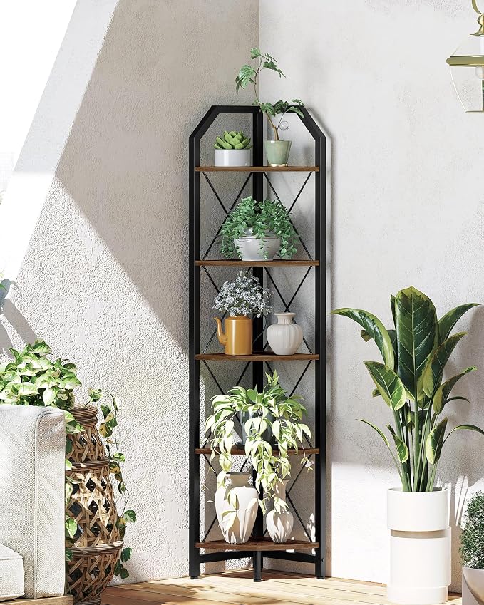 CHOEZON 59.4" Corner Shelf, 5-Tier Industrial Corner Bookshelf, Corner Storage Stand, Plant Stand Display Shelf, Bookcase for Bedroom, Living Room, Home Office, Rustic Brown and Black TCJ10BF - Image 5