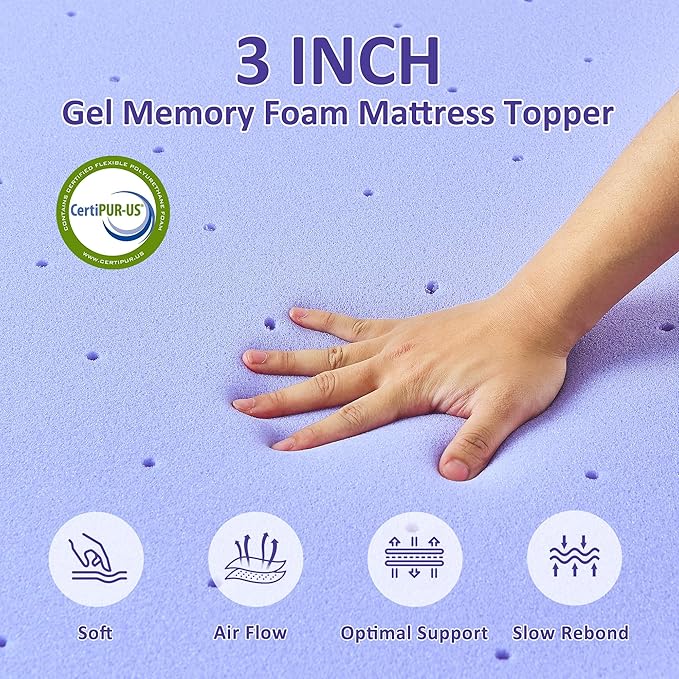 3 Inch Gel Memory Foam Mattress Topper Full Size with Removable & Washable Viscose Made from Bamboo Cooling Breathable Cover, Soft Bed Topper for Back Pain, CertiPUR-US Certified