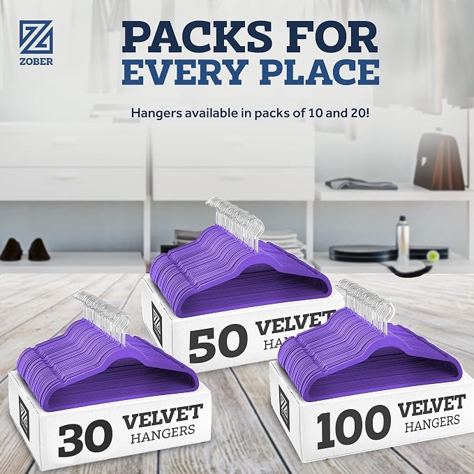 ZOBER Purple Velvet Hangers 50 Pack - Clothes Hangers, Coat Hanger for Pants & Dress Clothes - Non Slip w/ 360 Degree Swivel, Holds up to 10 lbs - Strong Felt Hanger for Clothing - Image 7