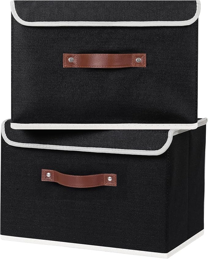 ANMINY 4PCS Storage Bins with Lid PU Leather Handles Storage Boxes PP Plastic Board Decorative Foldable Lidded Cotton Linen Fabric Home Cubes Baskets Closet Organizer Containers - Black, Large Size - Image 2