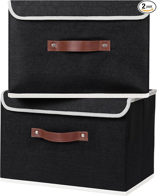 ANMINY 2PCS Storage Bins with Lid PU Leather Handles Storage Boxes PP Plastic Board Decorative Foldable Lidded Cotton Linen Fabric Home Cubes Baskets Closet Organizer Containers - Black, Large Size by ANMINY