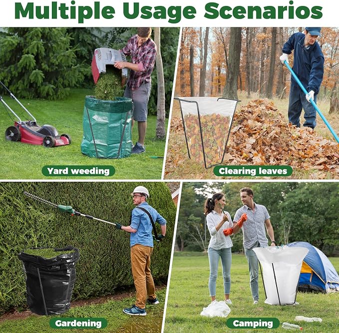 2PCS Outdoor Trash Bag Holder Metal Garden Trash Bag Holder for Yard Waste Stand Holds 30-45 Gallons Leaf Bag Holder with 4 Clips for Leaves Camping Lawn Party Weeding Yard Gardening（2pcs+8clips） - Image 6