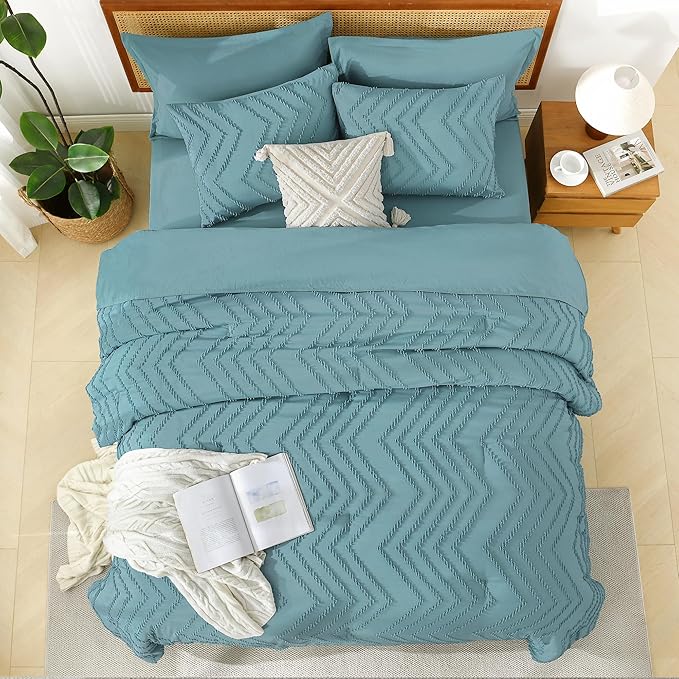 Litanika Grayish Teal Full Size Comforter Set with Sheets - 7 Pieces Bed in a Bag Full Boho Tufted Complete Bedding Sets with Comforter, Sheets, Pillowcases & Shams