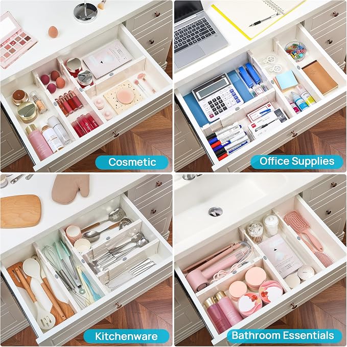 Vtopmart 12 Pack Drawer Dividers for Clothes, 4" High 11.3"-17" Adjustable Expandable Dresser Drawer Organizer, Plastic Drawers Separator for Dresser, Baby Clothes, Underwear, Kitchen & Office Storage - Image 8