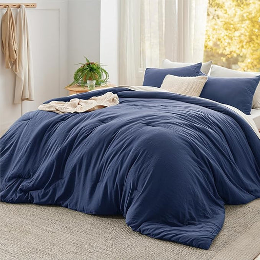 Bedsure Super King Plus Comforter Set, Navy Soft Prewashed Bedding for All Seasons, 3 Pieces GentleSoft™ Bed Set, 1 Lightweight Comforter (128"x120") and 2 Pillowcases (20"x36")