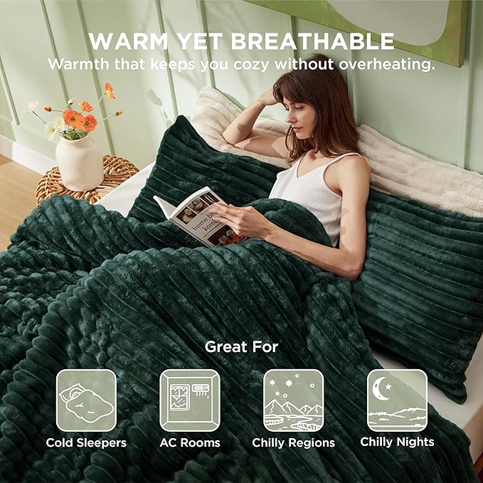 Bedsure Comforter Set Queen Size - GentleSoft™ 3 Pieces Double-Side Fleece Fluffy Emerald Comforter Set, Cozy Striped Room Decor Aesthetic, Luxury Bedding Queen Size, 2 Pillowcases, 90x90 Inches