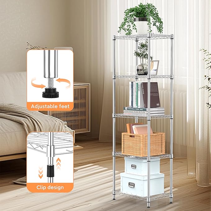 M MZG 5 Tiers Shelf Metal Storage Shelves Wire Rack Closet Organizers with Wheel for Garage Kitchen Bathroom Laundry Chrome 11.8" D x 17.7" W x 55" H - Image 5