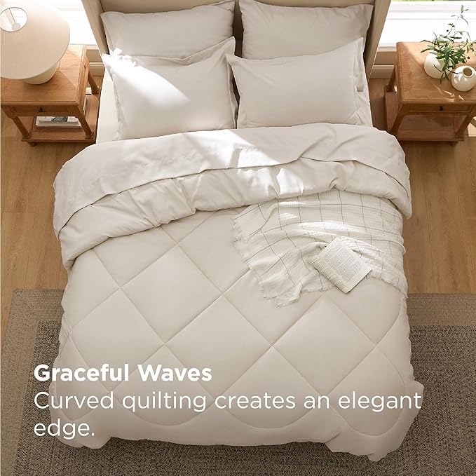 Bedsure 7 Pieces Queen Comforter Set Premium Series, Hotel Luxury Soft Bed in a Bag, Goose Down Alternative, Safe for Sensitive Skin Bedding Comforter All Season Medium Warmth, Beige Wavy Quilted