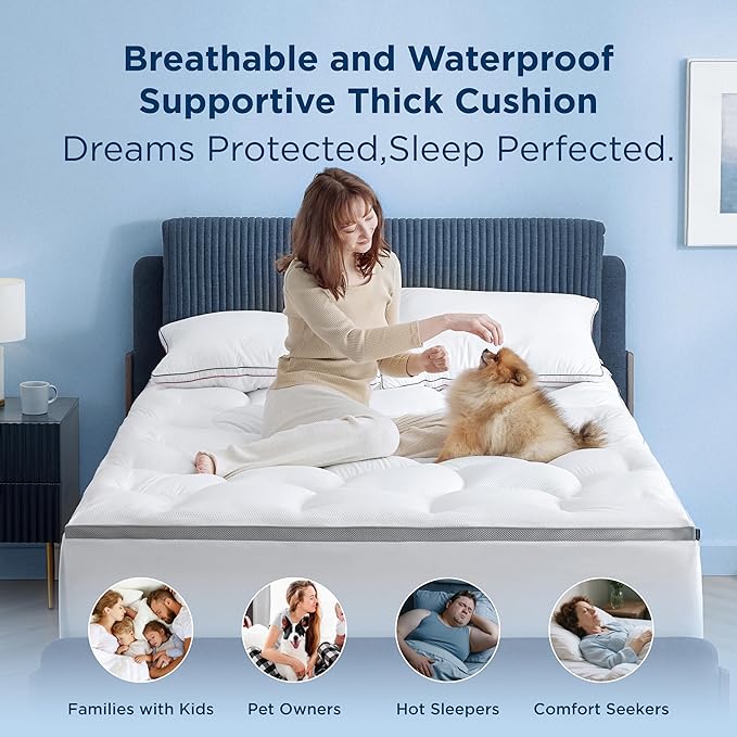 Bedsure Mattress Topper Queen - Pillow Top Mattress Topper Queen with 8-21 Inches Deep Pocket, 800 GSM Extra Thick Waterproof Mattress Protector, Soft Cover Bed for Home, Bedroom, Hotel - White