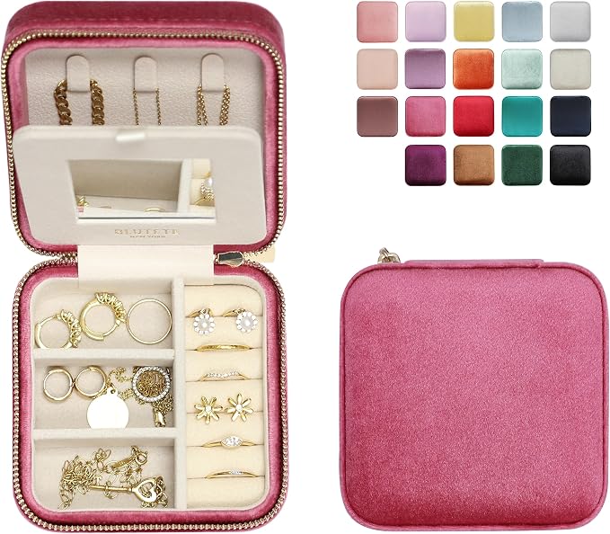 BLUTETE Travel Jewelry Box Organizer Velvet Travel Case With Mirror Ring Earrings Necklaces Storage Organizer Box (Berry Pink) by BLUTETE