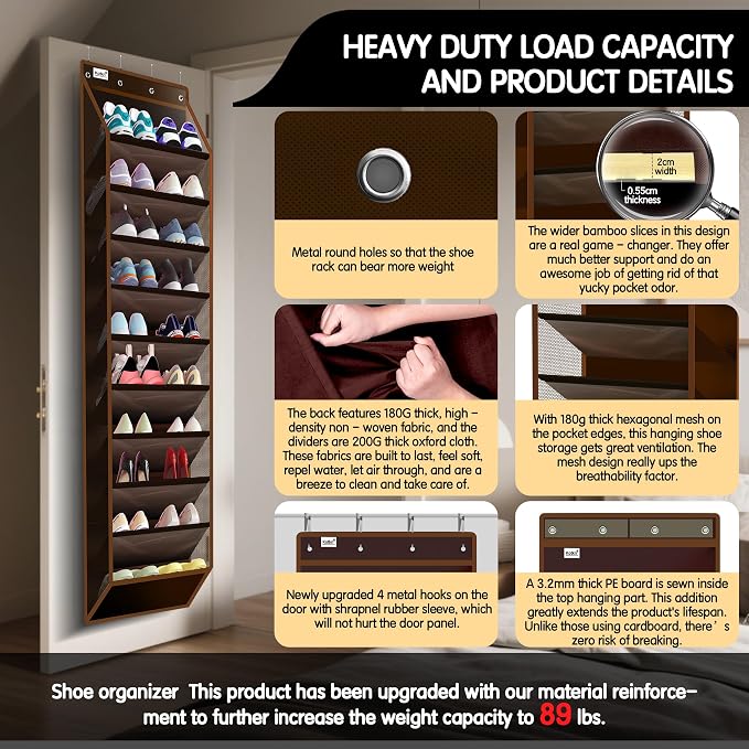 Kotkn 10 Tier Over The Door Organizer - Heavy Duty Hanging Storage Rack with Sturdy Oxford Fabric, Holds 20+ Pairs of Footwear, Boots & Sneakers, Saves 50% Closet Space (Dark Curry) - Image 3