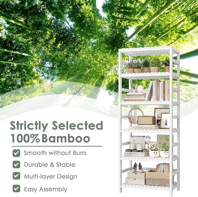 FOTOSOK 6-Tier Bamboo Shelf, Bamboo Bookcase with Adjustable Shelves, Free Standing Storage Shelf Unit, Plant Flower Stand for Bathroom, Kitchen, Home Office, White - Image 7