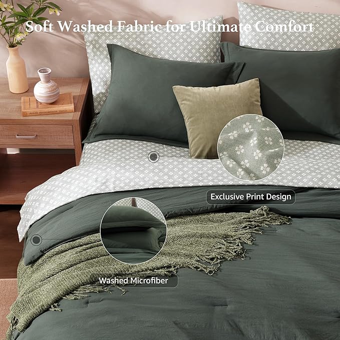 Monbix Oversized King Size Comforter Set - 7 Pieces Deep Forest Prewashed Bed in a Bag Bedding Sets with Comforters, All Seasons Ultra Soft Comforter Bed Set with Sheets, Pillowcases & Shams
