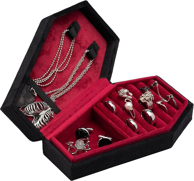 Velvet Coffin Jewelry Travel Case Holder for Gothic Wedding Ceremony Jewelry Organizer Decoration (Black and Red) - Image 5