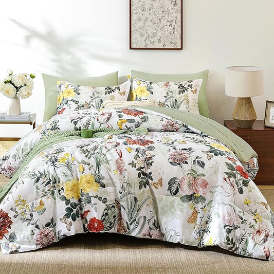WONGS BEDDING Sage Green Comforter Set King,7 Pieces Floral Comforter Set for All Seasons,Bed in a Bag King with Botanical Flowers Comforter, Sheets, Pillowcases & Shams