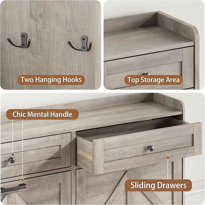 Shoe Cabinet with 4 Flip Drawers & 2 Top Drawers, 43" Tall Freestanding Narrow Wooden Shoe Storage Organizer for Entryway, Hidden Slim Shoe Rack for Front Door Entrance, Hallway, Living Room, Grey - Image 6