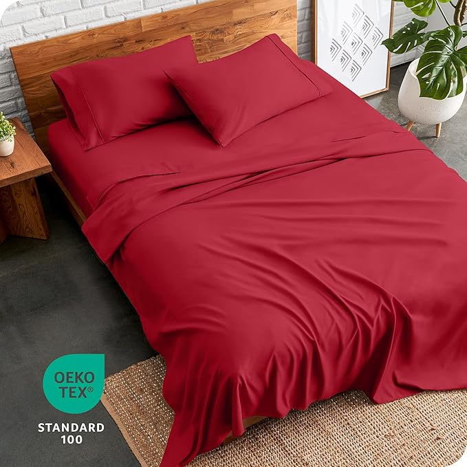 Bare Home Split King Sheet Set - 1800 Ultra-Soft Microfiber Bed Sheets - Double Brushed - Deep Pockets - Easy Fit - 5 Piece Set - Bedding Sheets & Pillowcases (Split King, Red)
