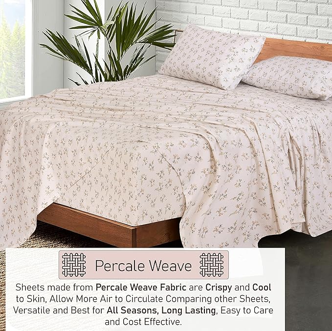 RUVANTI 100% Cotton Sheets – Full Size Percale Bedding, Cooling & Breathable Floral Design, Durable with a Crisp, Soft & Comfortable Feel, 16" Deep Pocket, 4-Piece Set, Twin Spring