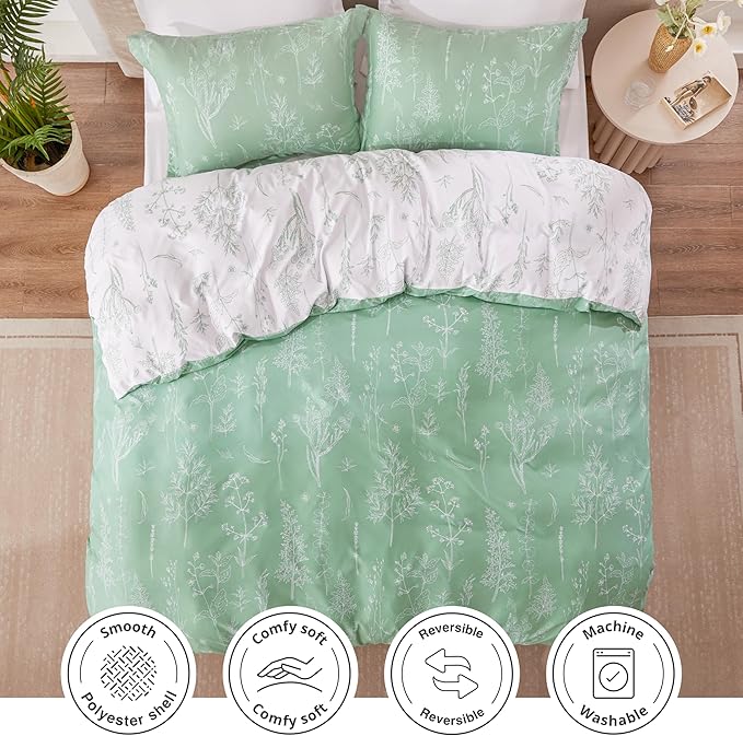 Love's cabin Sage Green Comforter Set Queen - Queen Size Comforter Set, 3 Pieces Cute Floral Bedding Sets for All Seasons,1 Soft Reversible Botanical Flowers Comforter and 2 Pillow Shams