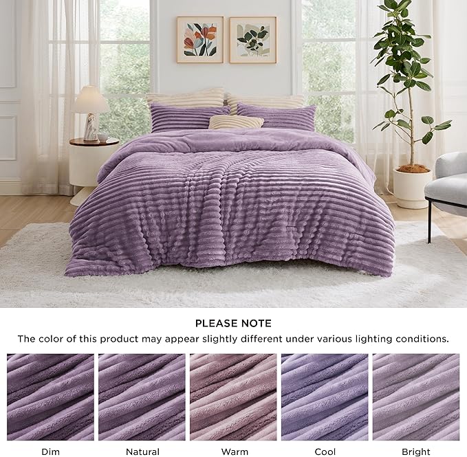 Bedsure King Comforter - GentleSoft™ 3 Pieces Double-Side Fleece Fluffy Lavender Comforter Set, Cozy Striped Room Decor Aesthetic, Luxury King Size Bedding with 2 Pillowcases, 104x90 Inches