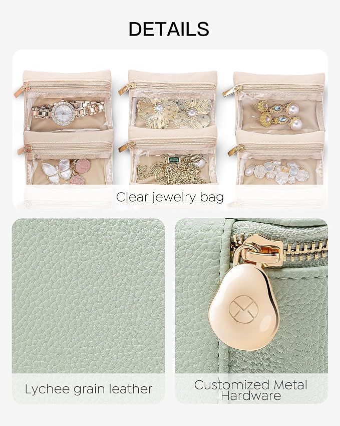 Vlando Jewelry Travel Case,Travel Jewelry Organizer with Clear Velvet Jewelry Bags 6Pcs Zipper Pouch for Women Girl Gift-Mint Green - Image 3