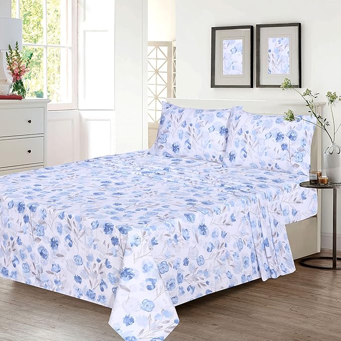RUVANTI 100% Cotton Sheets – Full Size Percale Bedding, Cooling & Breathable Floral Design, Durable with a Crisp, Soft & Comfortable Feel, 16" Deep Pocket, 4-Piece Set, Monotones