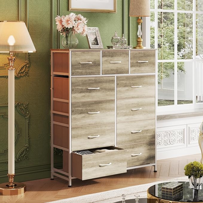 WLIVE Tall Dresser for Bedroom, Fabric Dressers Storage Tower, Dresser & Chest of Drawers Organizer Unit with 11 Drawers, Storage Cabinet, Hallway, Closets, Steel Frame, Wood Top, Greige - Image 4