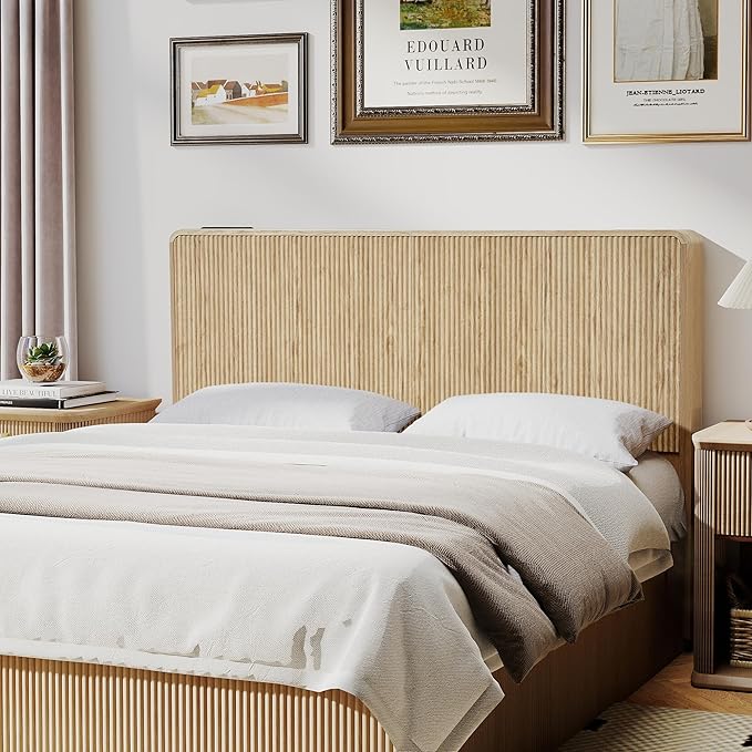 AVZEAR Fluted Headboard Queen Size, Modern Boho Queen Headboard Only, Wood Wall Mounted Headboard with 2 Outlets and USB & Type C Port, Curved Wooden Bed Headboards Bedroom Decor, Natural