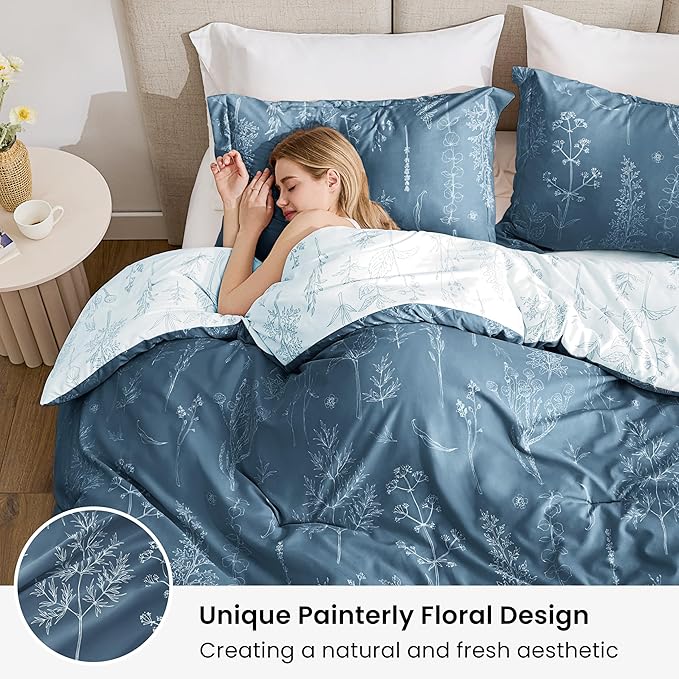 Love's cabin Bluish Grey Full Comforter Set - Full Size Comforter Set, 3 Pieces Cute Floral Bedding Sets for All Seasons,1 Soft Reversible Botanical Flowers Comforter and 2 Pillow Shams
