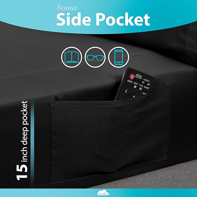 DREAMCARE California King Sheet Sets - 6 pcs Breathable Cooling Bed Sheets - up to 15" Deep California King Sheets with Side Pockets -Extra Soft 100% Brushed Hypoallergenic Hotel Luxury Bedding -Black