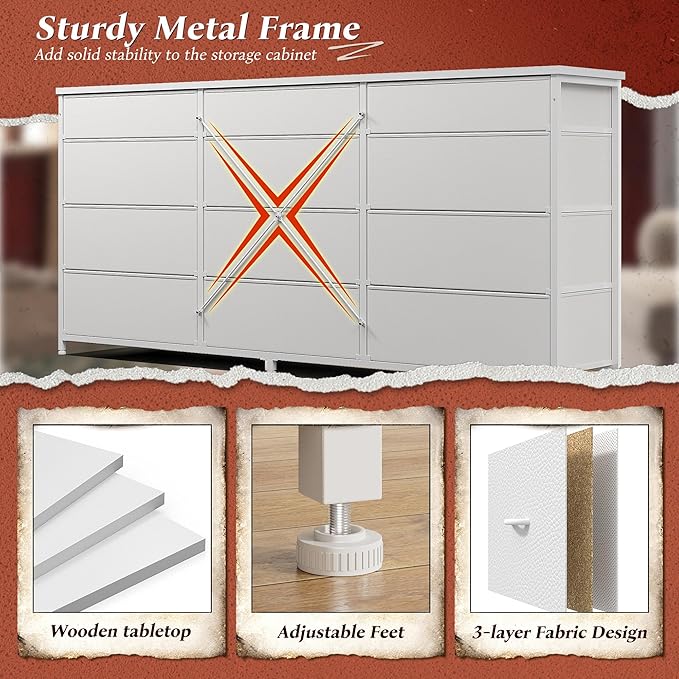 Romorgniz 55" Long Dresser for Bedroom with 12 Fabric Drawers, Entertainment Center for 60 inch TV Dressers & Chests of Drawers Large Organizer, Living Room, Metal Frame, Wood Top, White
