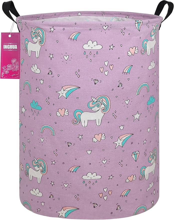 Laundry Hamper Large Canvas Fabric Lightweight Storage Basket/Toy Organizer/Dirty Clothes Collapsible Waterproof for College Dorms, Boys and Girls Bedroom,Bathroom(Unicorn) by INGHUA